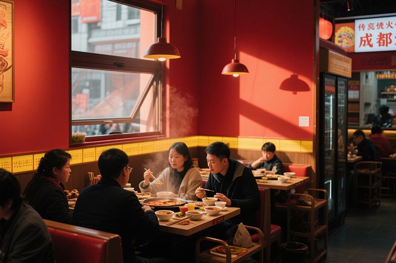 以紅、黃二色為例的川味火鍋店裝修效果圖