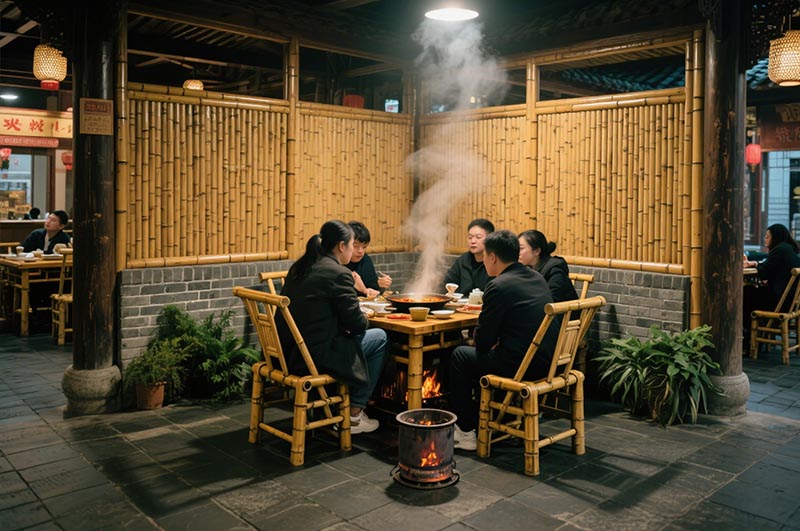 采用竹、木、青磚等傳統(tǒng)材質(zhì)的火鍋店裝修效果圖